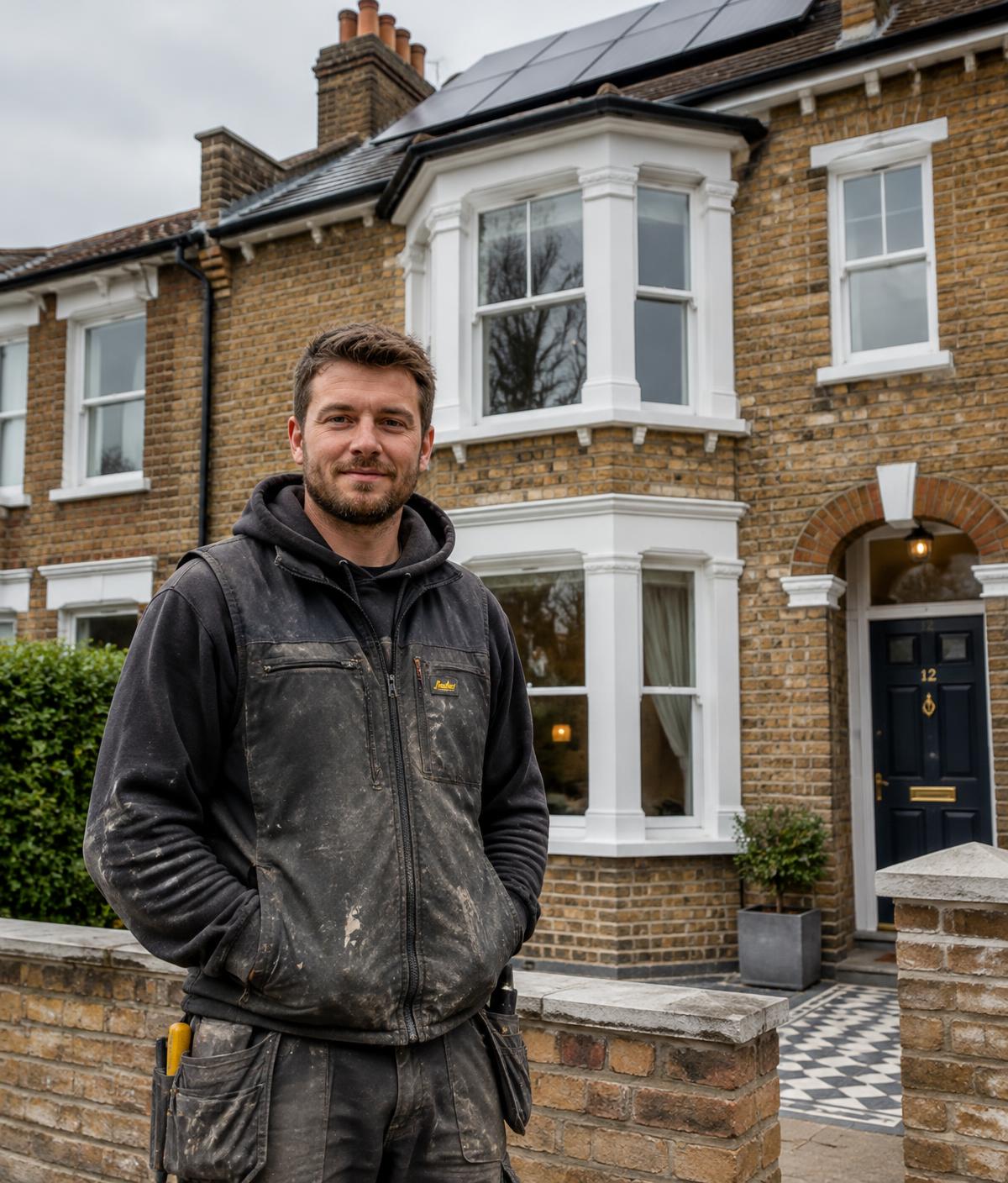 UK builder outside a renovated Victorian terrace